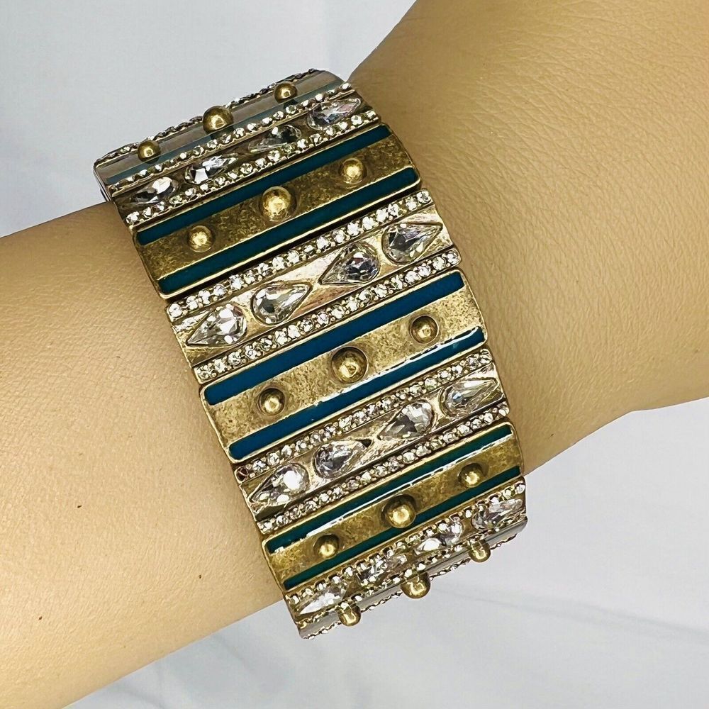 Vintage Bracelet Comfort Stretch Enamel Rhinestone Panel Link Antiqued Gold 1180